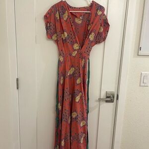Vintage 70s Duster Dress Coral Floral Wrap Robe-Style Maxi‎ Cottagecore Spring